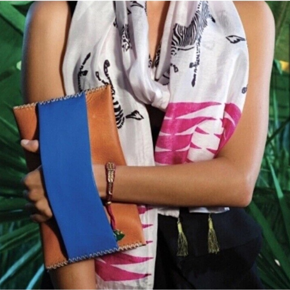 Noonday Collection Meridian Haitian Leather Clutch Wallet Tan and Cobalt Blue